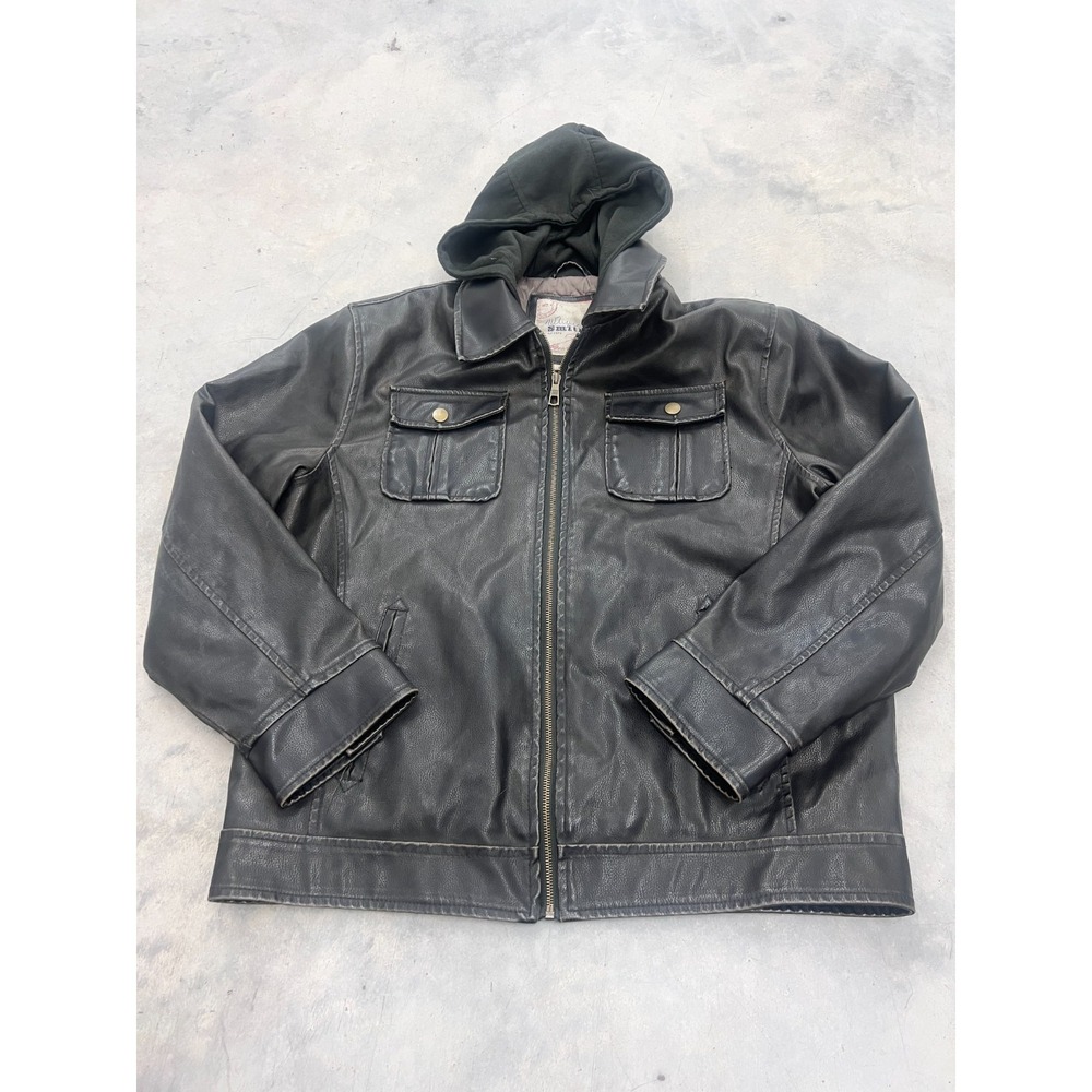 Whispering Smith Jacket Mens Large Black Leather Quilted Lined Full Zip Hooded